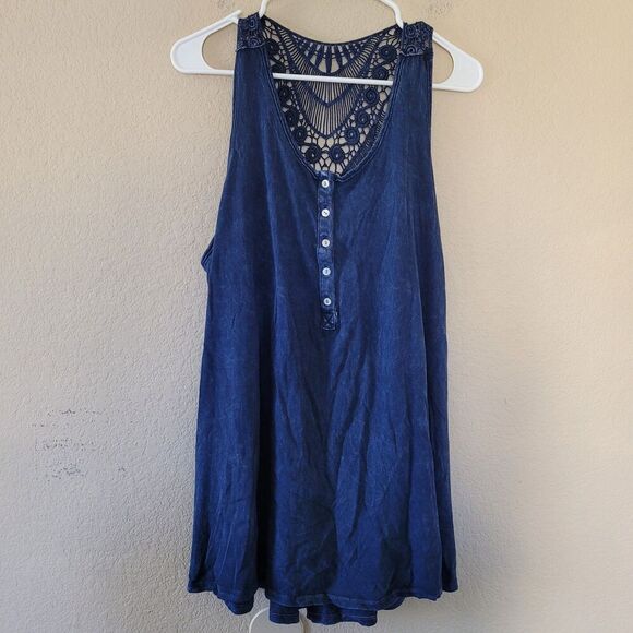 Anthropologie Eri + Ali Tank Top Xl Crochet Trim Tunic Racerback Blue Boho Flowy - Picture 1 of 8